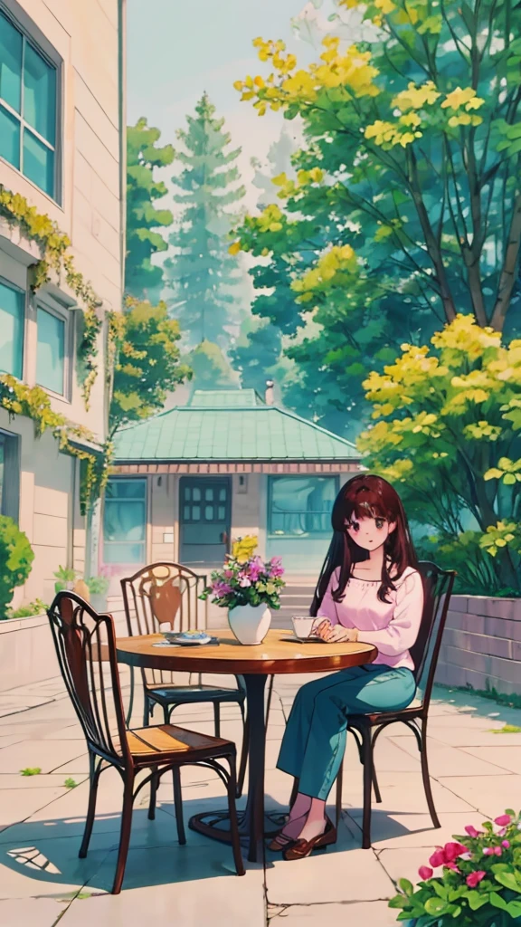 ((scenography)), A modern-style house with a full view of the exterior. In the front yard, a woman with long brown hair and a cute appearance is seen wearing a comfortable, casual outfit. She is relaxed, enjoying the serene garden filled with lush green trees and vibrant flowers. There is a table with chairs in front of the house, with some snacks placed on the table. The overall scene is peaceful and refreshing.