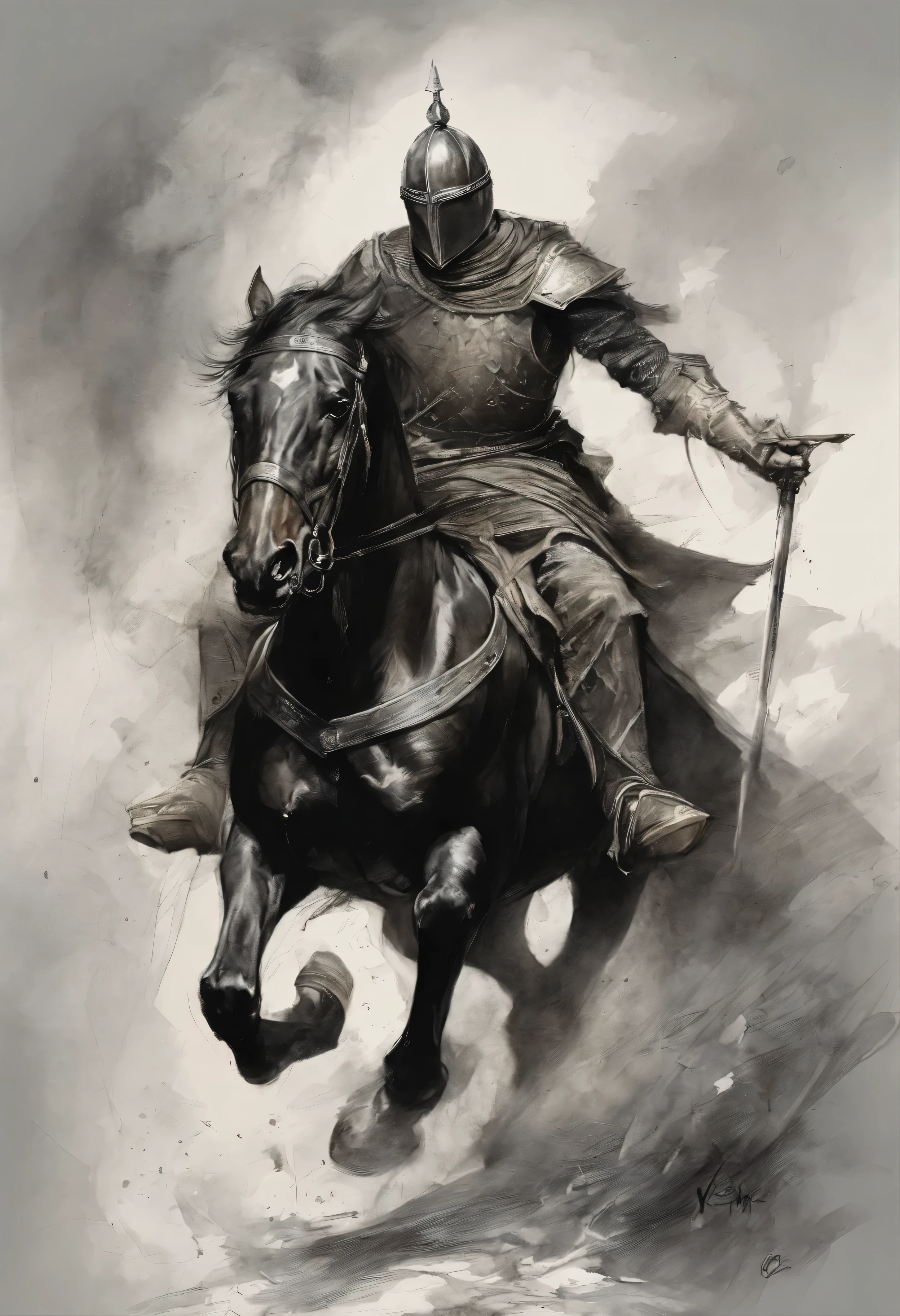 The black knight appears galloping determinedly on a white horse.. White horse facing right. The knight wears black robes with a spear and a black and white flag., He holds the reins tightly while looking to the left.. Art by Yuji Shinkawa, symmetrical circular iris, close to perfection, pure form, Minimalistic, isometric, Concept art by Brian Froud, By Carney Griffiths, By Wedem Kashin, By John William Waterhouse, Complex details, 8K Post-Production, High accuracy, Enlightenment Tamim, Excessive detail, Trending on artstation, Intense focus, studio photo, Complex details, Very detailed, by Greg Rotkowski