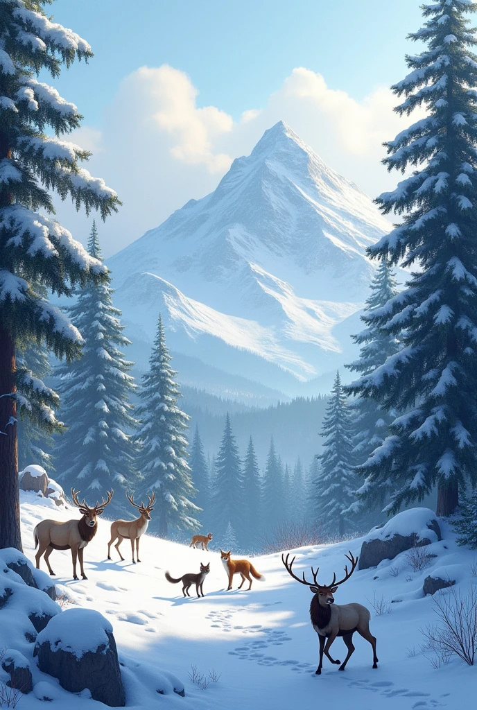 A forest on snowy mountains and some animals