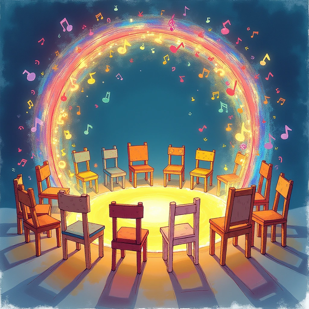 Child's drawing of a glowing frame made of music notes and a circle of chairs with individual children's chairs
