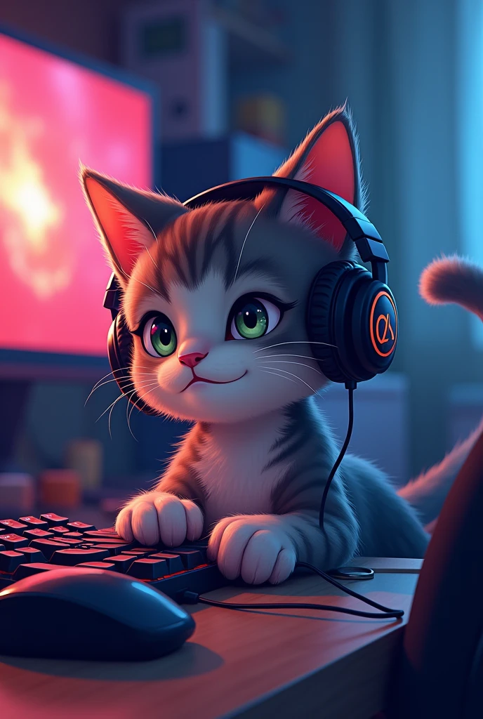 create a gamer cat playing with gamer headphones that reads stories