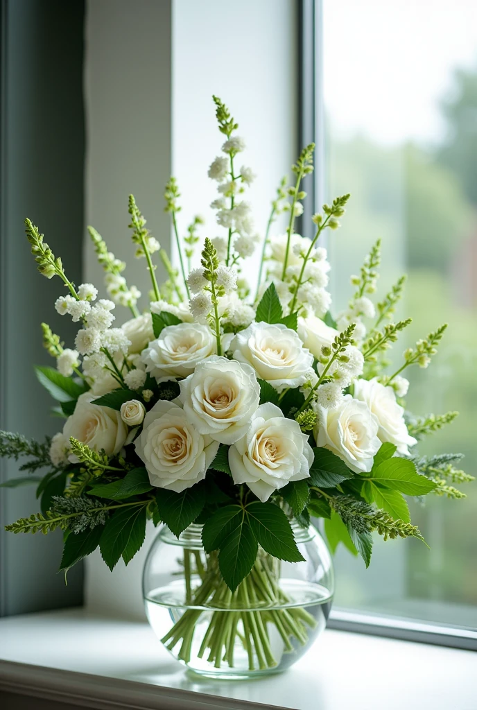 green、Stylish white flower bouquet、vase、Window、beautiful