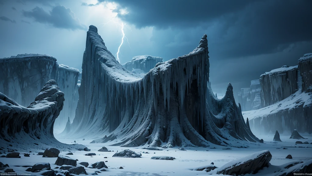 Visualize an endless, frozen wasteland under a pale, sickly sun. The icy terrain is punctuated by jagged, dark ice formations that resemble twisted, malevolent sculptures. The sky is overcast with swirling, dark clouds, and the occasional crackle of frost-rimed lightning hints at the realm’s hidden dangers.