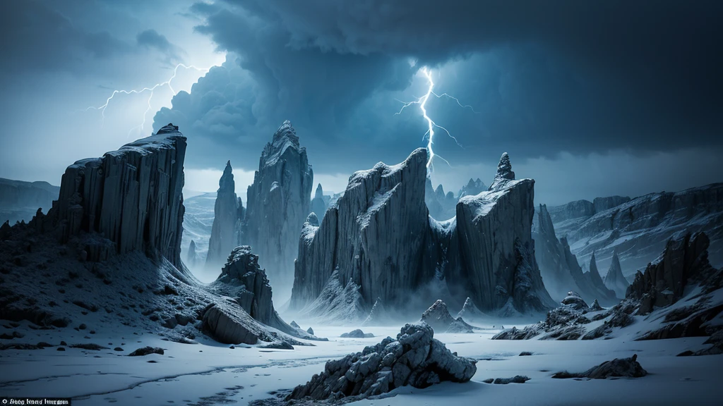 Visualize an endless, frozen wasteland under a pale, sickly sun. The icy terrain is punctuated by jagged, dark ice formations that resemble twisted, malevolent sculptures. The sky is overcast with swirling, dark clouds, and the occasional crackle of frost-rimed lightning hints at the realm’s hidden dangers.