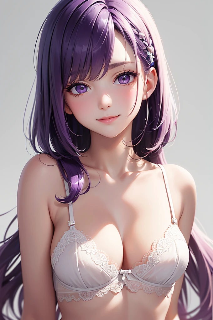 Best Quality,High resolution,8k,(plain white background, no patterns, no textures, just a plain white background:1.3),Masterpiece:1.2),beautiful girl,Big Breasts,(Shiny purple hair:1.3),(bob cut:1.2),Bobcut,Beautiful purple eyes,A set of lingerie featuring intricate lace detailing. The bra has delicate lace trim along the edges with a floral or geometric pattern, and adjustable straps with small, refined accents. The panties are designed with matching lace, featuring a soft, breathable fabric with a touch of elegance. The color scheme is sophisticated, such as soft pastels or classic black with subtle touches of gold or silver,Gentle look,A refreshing look,smile,Best quality,Best Quality,Aesthetic and aesthetic:1.2,Best details((Super detailed))(High-definition CG illustrations),Slender body,smile,blush,cute,Scrounge,Looking up,Being spoiled,super model,wariza