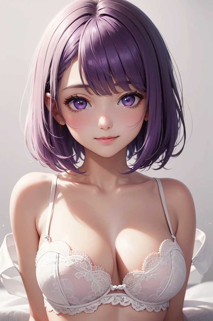 Best Quality,High resolution,8k,(plain white background, no patterns, no textures, just a plain white background:1.3),Masterpiece:1.2),beautiful girl,Big Breasts,(Shiny purple hair:1.3),(bob cut:1.2),Bobcut,Beautiful purple eyes,A set of lingerie featuring intricate lace detailing. The bra has delicate lace trim along the edges with a floral or geometric pattern, and adjustable straps with small, refined accents. The panties are designed with matching lace, featuring a soft, breathable fabric with a touch of elegance. The color scheme is sophisticated, such as soft pastels or classic black with subtle touches of gold or silver,Gentle look,A refreshing look,smile,Best quality,Best Quality,Aesthetic and aesthetic:1.2,Best details((Super detailed))(High-definition CG illustrations),Slender body,smile,blush,cute,Scrounge,Looking up,Being spoiled,super model,wariza