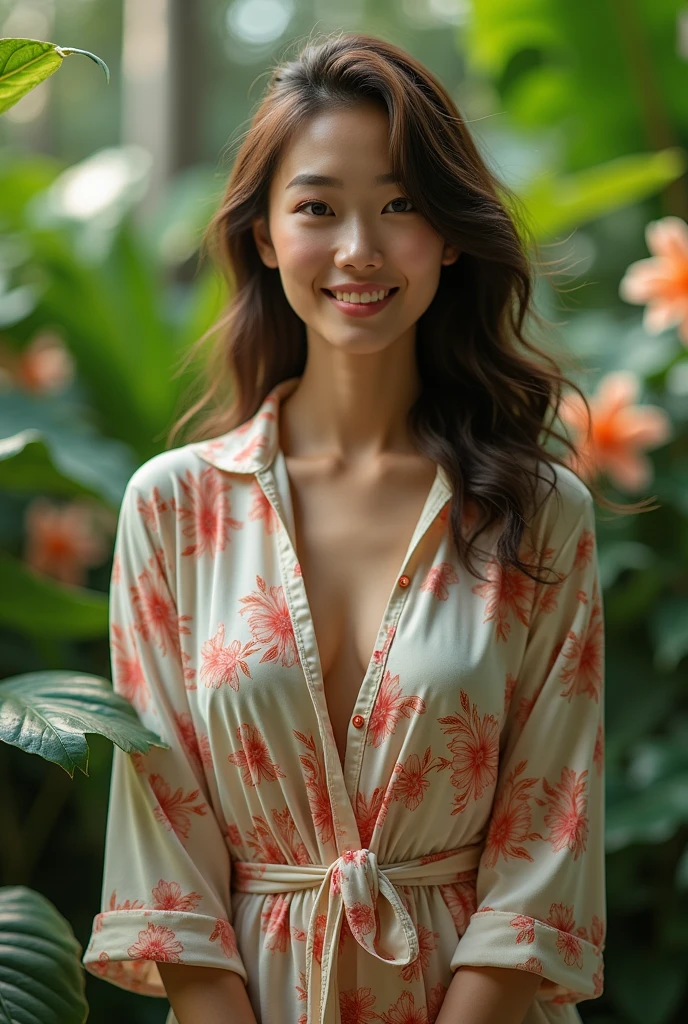 An Asian woman in a lush tropical garden, wearing an open shirt with a floral print, with a close-up capturing the harmonious beauty between her breasts and the natural flowers, showing off your natural charm and outgoing personality.