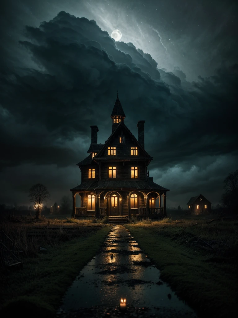 a small village, strange occurrences, dark fantasy, moody lighting, atmospheric, cinematic, intricate details, surreal, ominous clouds, mysterious forest, abandoned house, flickering candles, shafts of moonlight, unsettling atmosphere, highly detailed, photorealistic, 8k, masterpiece