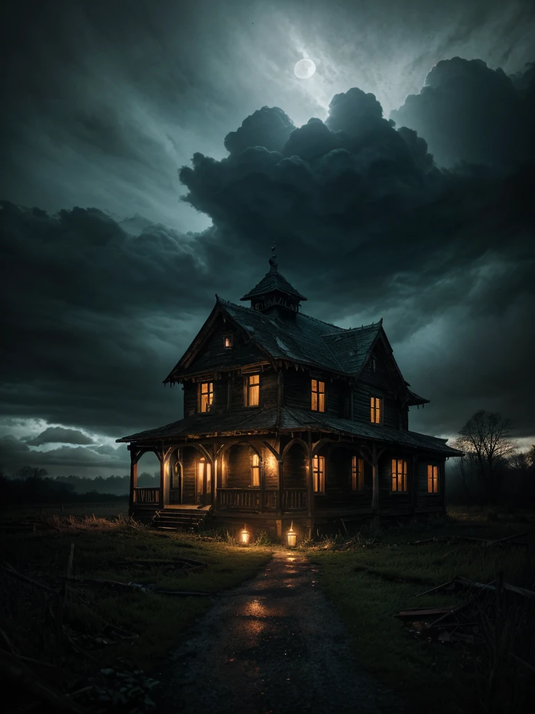 a small village, strange occurrences, dark fantasy, moody lighting, atmospheric, cinematic, intricate details, surreal, ominous clouds, mysterious forest, abandoned house, flickering candles, shafts of moonlight, unsettling atmosphere, highly detailed, photorealistic, 8k, masterpiece