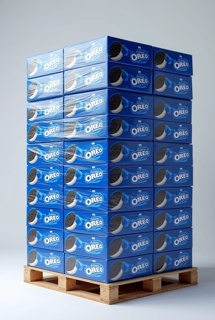 I want a Pallet full with a lot of medium sized blue cardboard boxes of Oreo (show the representative brand printed in the boxes), tightly wrapped in a lot of plastic paper (all binded together). 