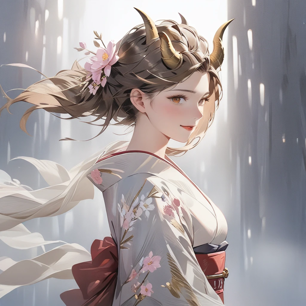 8k, oil painting, wallpaper of extremely detailed CG unit, ​masterpiece, high resolution, top-quality, top-quality real texture skin, hyper-realistic, increase the resolution, RAW photos, best quality, highly detailed, the wallpaper, cinematic lighting, ray trace, golden ratio, BREAK, one demon girl, mild smile, female, godly, (in the deep fog:1.3), beautiful golden dear horns), BREAK, background\((at beautiful blossom forest\(The Blossom Spring\):1.3), beautiful fog, beautiful forest (many trees),(beautiful fog:1.5)\),(beautiful fog:1.5),(beautiful fog:1.5),(beautiful fog:1.5),(beautiful fog:1.5),(beautiful fog:1.5), beautiful lighting, beautiful landscape, Japanese white clothing with gold ornaments, yellow eyes, water, river