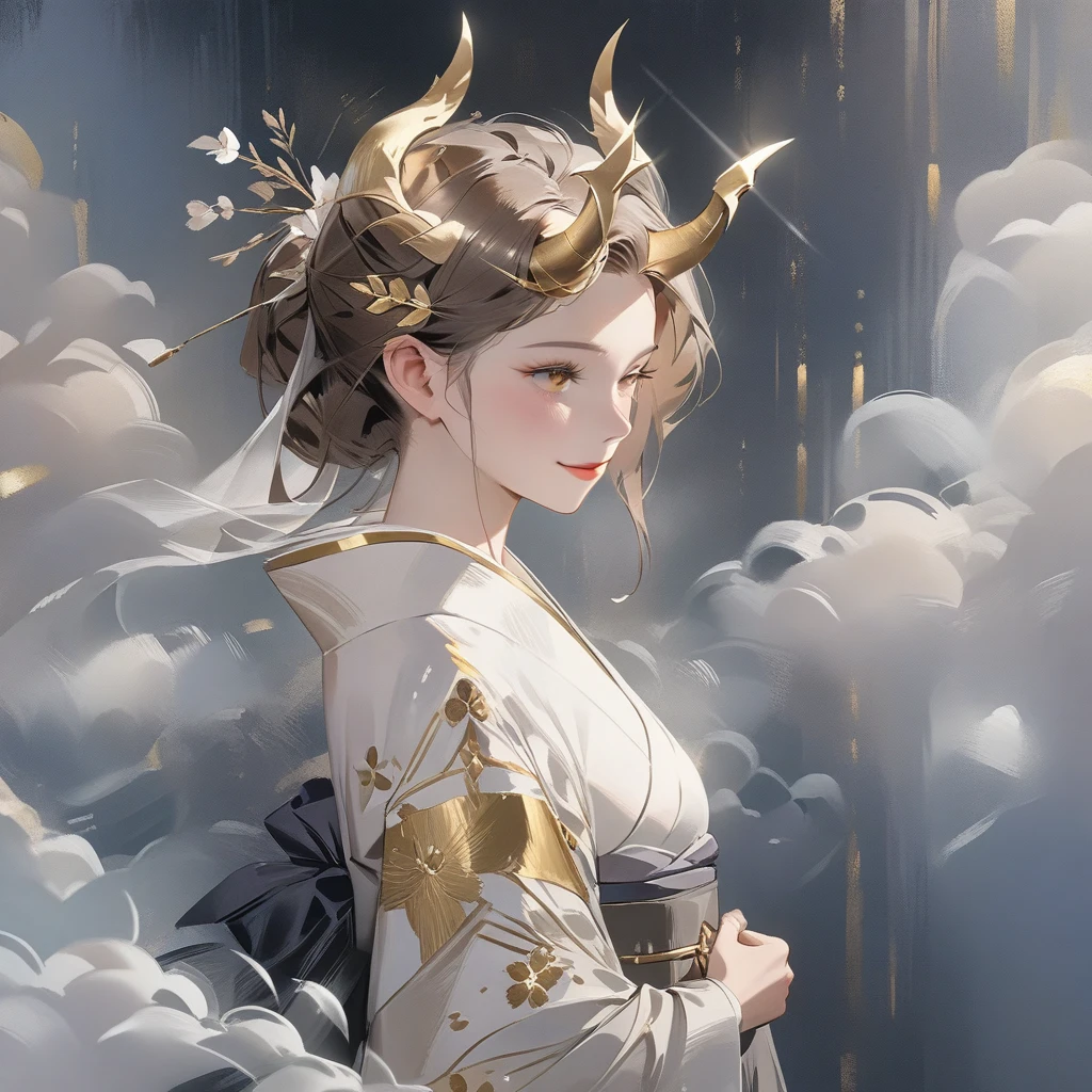 8k, oil painting, wallpaper of extremely detailed CG unit, masterpiece, high resolution, top-quality, top-quality real texture skin, hyper-realistic, increase the resolution, RAW photos, best quality, highly detailed, the wallpaper, cinematic lighting, ray trace, golden ratio, BREAK, one demon girl, mild smile, female, godly, (in the deep fog:1.3), beautiful golden dear horns), BREAK, background\((at beautiful blossom forest\(The Blossom Spring\):1.3), beautiful fog, beautiful forest (many trees),(beautiful fog:1.5)\),(beautiful fog:1.5),(beautiful fog:1.5),(beautiful fog:1.5),(beautiful fog:1.5),(beautiful fog:1.5), beautiful lighting, beautiful landscape, Japanese white clothing with gold ornaments, yellow eyes, water, river