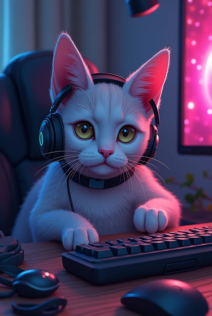 create a gamer cat playing with gamer headphones that reads stories
