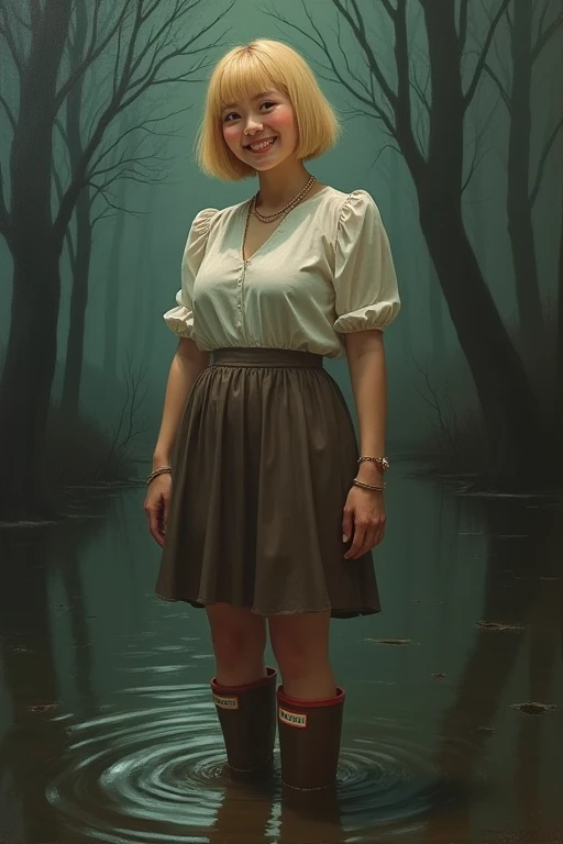 Highest quality,4K,8k,High resolution,masterpiece:1.2),Very detailed,(Realistic,写真Realistic,photo-Realistic:1.37),Portraiture,oil,A murky crime palette,Dramatic lighting,Eyes and face、smile、Expressive wrinkles、Japanese women、Sturdy physique、He is short、Plump thighs、Plump upper arm、Bob Haircut、Blonde、skirt、Puff sleeves、Hunter Rain Boots、Drowning in the mud