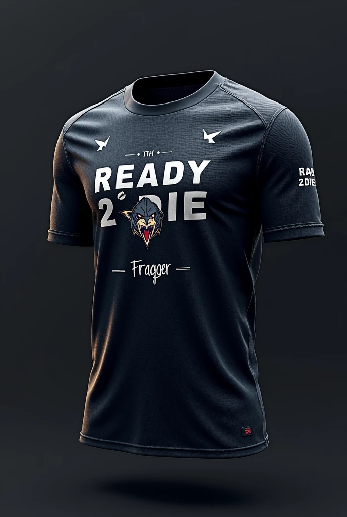 Make a plain Esport jersey in dark colors with the name CROW on the jersey of the gamer team Ready 2 Die and the role is FRAGGER.
