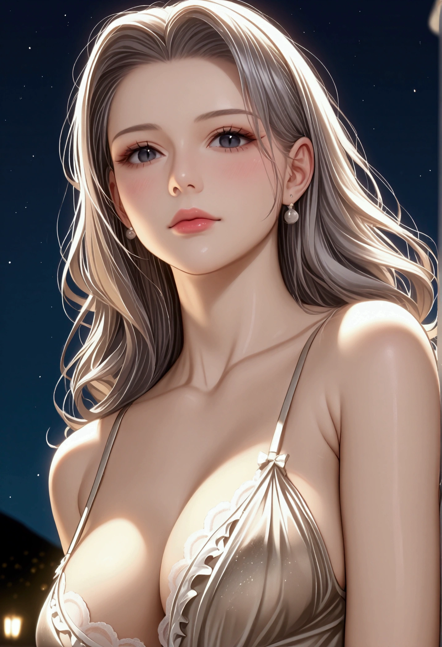 score_9, score_8_superior, score_7_superior, High-resolution CG illustration,A masterpiece in 32K resolution,Highest quality,it is really amazing,Very detailed,Ultra-high resolution,Ultra-realistic,Realistic,Increased depth of field,Cinematic lighting,
Elegant mature Japanese woman,
Shiny silver hair,Wavy long hair,Showing his forehead,god々Beautiful,Ultra-detailed and beautiful face,Sensual look,Beautiful dark brown, moist eyes,Pitch black eyes,Glowing, moisturized skin,Translucent white skin,born々New skin texture,Great proportions,
Elegant wine-red slit dress,spaghetti straps,Deep slit,Detailed and beautiful lace decorations,born地の柔らかな質感,
Black panties,
Black Stockings,
A dark and blurry night background,Dark overcast sky on a dull night,Dark clouds filling the sky,Thundercloud,Coastline at night,Golden reflections on the sea surface,delay々A desolate sandy beach that continues,
Dramatic Angle,