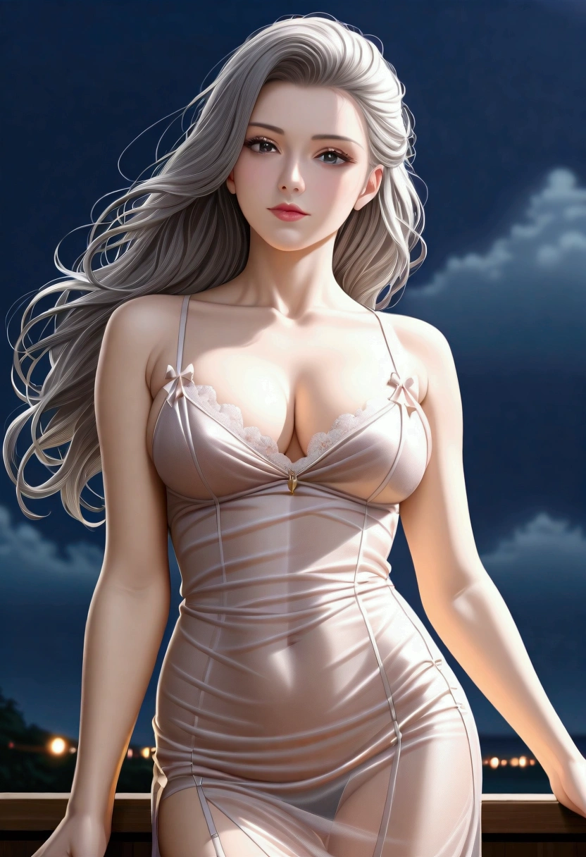 score_9, score_8_superior, score_7_superior, High-resolution CG illustration,A masterpiece in 32K resolution,Highest quality,it is really amazing,Very detailed,Ultra-high resolution,Ultra-realistic,Realistic,Increased depth of field,Cinematic lighting,
Elegant mature Japanese woman,
Shiny silver hair,Wavy long hair,Showing his forehead,god々Beautiful,Ultra-detailed and beautiful face,Sensual look,Beautiful dark brown, moist eyes,Pitch black eyes,Glowing, moisturized skin,Translucent white skin,born々New skin texture,Great proportions,
Elegant wine-red slit dress,spaghetti straps,Deep slit,Detailed and beautiful lace decorations,born地の柔らかな質感,
Black panties,
Black Stockings,
A dark and blurry night background,Dark overcast sky on a dull night,Dark clouds filling the sky,Thundercloud,Coastline at night,Golden reflections on the sea surface,delay々A desolate sandy beach that continues,
Dramatic Angle,
