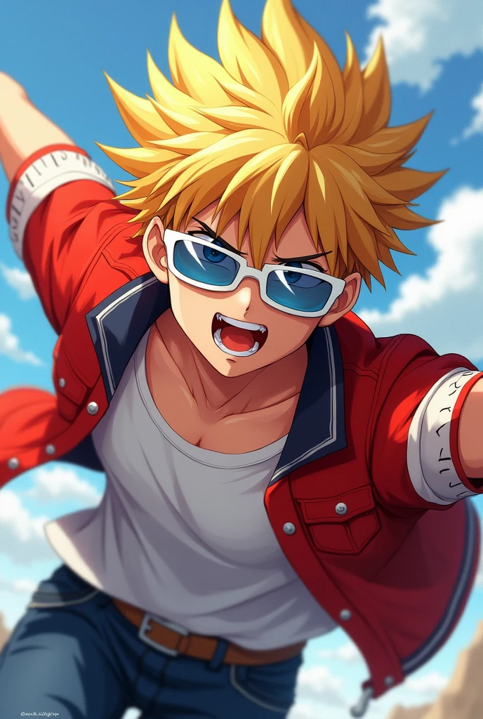 male character, spiky dark blonde hair, shining blue eyes, wears white sunglasses, white shirt, red and white student jacket. anime dash