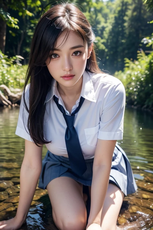 (Ultra-realistic), (figure), (High resolution), (8k), (Very detailed), (Best figure), (Beautiful and detailed), (Highest quality), (Super detailed), (masterpiece), (wallpaper), (Detailed face), alone, One Girl, watching viewer、(High resolution),(High resolution),(High resolution),(8k), One girl, Luna_maya、School_uniform_school logo_on the pocket shirt_white_shirt_light blue grey_skirt_long tie_white_Knee socks、 in the middle of the forest, Water splash, Lying on the water, Spread your legs, shirts lift, Show off your breasts, Spread your legs, extreme close-up shot, Shot from below,