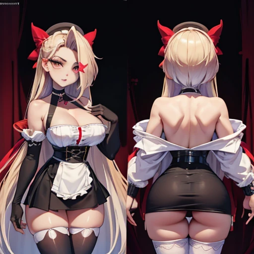on fours, back view, sex(masterpiece, best quality:1.4), absurdres, highres, ultra detailed, beautiful, (maid), (perfect face, detailed face, beautiful:1.3),(natural breasts, cleavage), collarbone, fingerless gloves, gloves,spaghetti strap top, black pencil skirt, tight, over the knee skirt, hat, elegant maid outfit, thighhighs, thick thighs, thighs, multiple belts, More detailed 8K.motor irreal:1.4,UHD,La mejor calidad:1.4, fotorrealista:1.4, textura de la piel:1.4, obra maestra:1.8,obra-prima, mejor calidad,objeto Objeto], (detailed face features:1.3),(manos detailed)