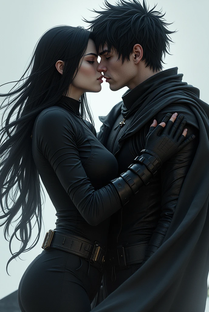 Human female character, with long black hair, eye white, white skin color, not very feminine black fighting clothes. Along with a man with black hair and blue eyes kissing.