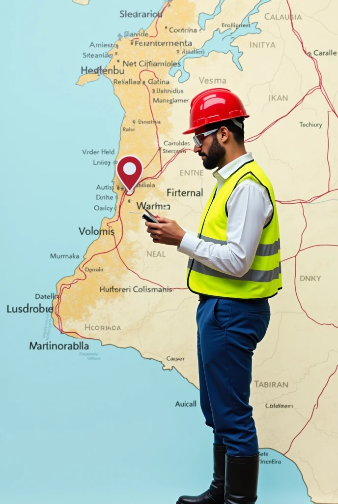 man wearing white long sleeve shirt, with reflective vest in chick yellow, black industrial safety boots, blue pants, red helmet, safety glasses and holding a phone, on a map of Colombia, looking for the coordinates of a point of sale