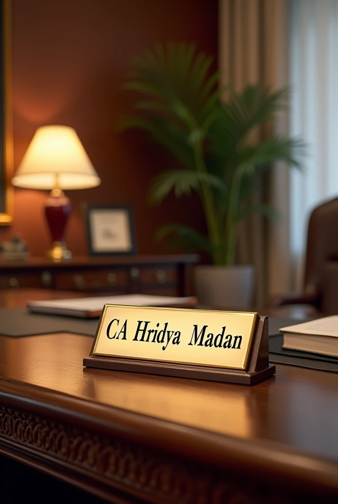 Beautiful office, CA Hridya Madan written on nameplate with prefix CA on office table in formal font