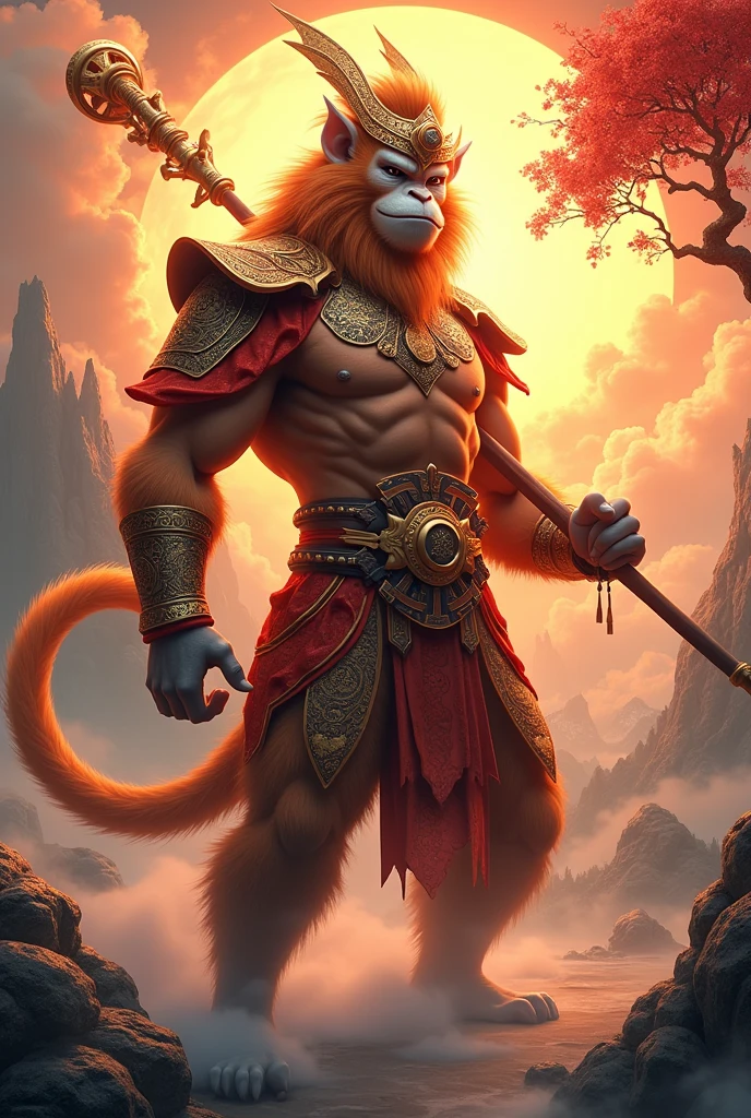 A detailed depiction of the Monkey King from 'Journey to the West'. The Monkey King has a regal yet mischievous appearance with a muscular build and rich golden-brown fur. He wears a golden headband that glows faintly and is dressed in traditional Chinese warrior armor, with intricate red and gold designs. He is standing confidently, holding his signature weapon, the Ruyi Jingu Bang, a magical extendable staff, across his shoulders. His tail is curled, and his expression is a blend of cunning and bravery. The background features a mythical mountain scene with swirling clouds and a vibrant sky at sunrise, with ancient, weathered rocks and mystical peach trees with glowing fruits symbolizing his immortality