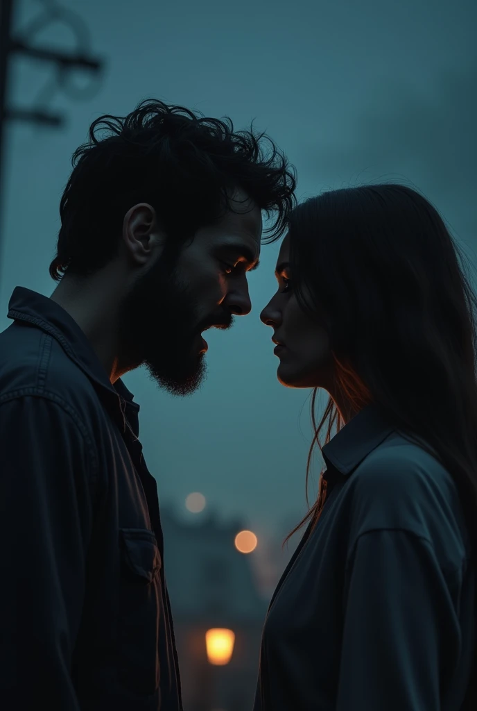 rejected man, woman, 8K, Ultra HD, Best Best quality, trending on arstation, photorealistic, artwork, desperate man, indifferent woman, expression of hate, Dark, Horror \(theme\), Silent night, dramatic lighting, Black, Sexy woman