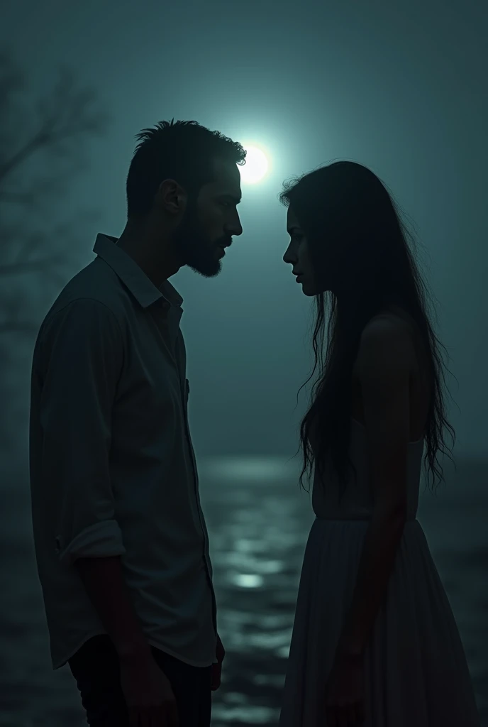 rejected man, woman, 8K, Ultra HD, Best Best quality, trending on arstation, photorealistic, artwork, desperate man, indifferent woman, expression of hate, Dark, Horror \(theme\), Silent night, dramatic lighting, Black, Sexy woman