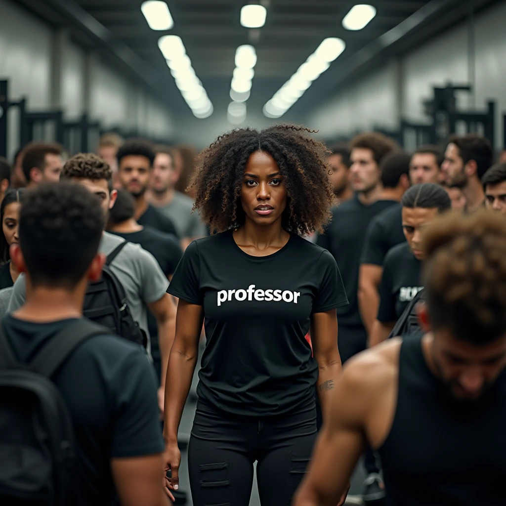 "A bustling gym with various exercise machines visible, including bench press, rowing machine, free weights, and leg press. The room is filled with students, both men and women, actively working out. In the middle of the aisle stands the gym instructor, a 24-year-old Black Brazilian woman with curly hair and a physique that reflects an active fitness lifestyle. She is wearing a black t-shirt with 'PROFESSOR' in the center. The instructor looks furious and overwhelmed, as the gym is overcrowded with students surrounding her, seeking assistance. Several of the students are also visibly angry and frustrated because their questions remain unanswered. The image should be captured in ultra-realistic quality using high-end professional cameras and lenses, such as the Canon EOS R5 with an RF 50mm f/1.2L lens, to ensure sharp details and impressive realism. The photo should capture the intense atmosphere of the gym and the heightened emotions of both the instructor and the students."
---