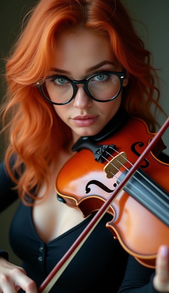 35-YEAR-OLD WOMAN WEARING LARGE GLASSES PLAYING VIOLIN, SENSUAL AND CHARMING, delicious, Linda, perfect symmetrical body, (((RED HAIR))), EYES COLOR SNOW WHITE, , Messy hair, BATTON READY, beautiful woman, ( higher quality, high resolution, 16K, no mistakes). New NSFW