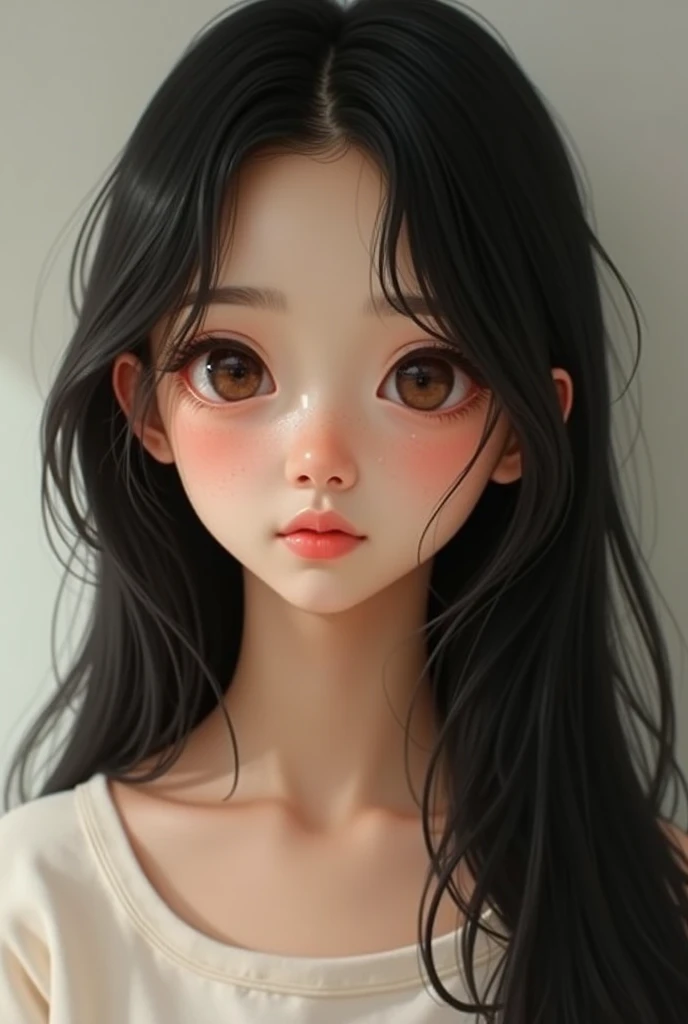 Le portrait d’une fille réaliste au cheveux noirs longs et lisses,  des yeux marrons,  une peau bronzée avec des taches de rousseurs  et un petit nez 