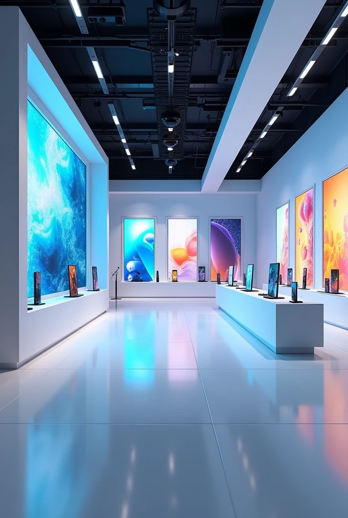 Recreation of a point of sale space dedicated to cell phones with square lines and spacious modules to place things, video screens and lots of lights with illuminated signs, Super detail, HD, 8k, Super detail, Best Quality