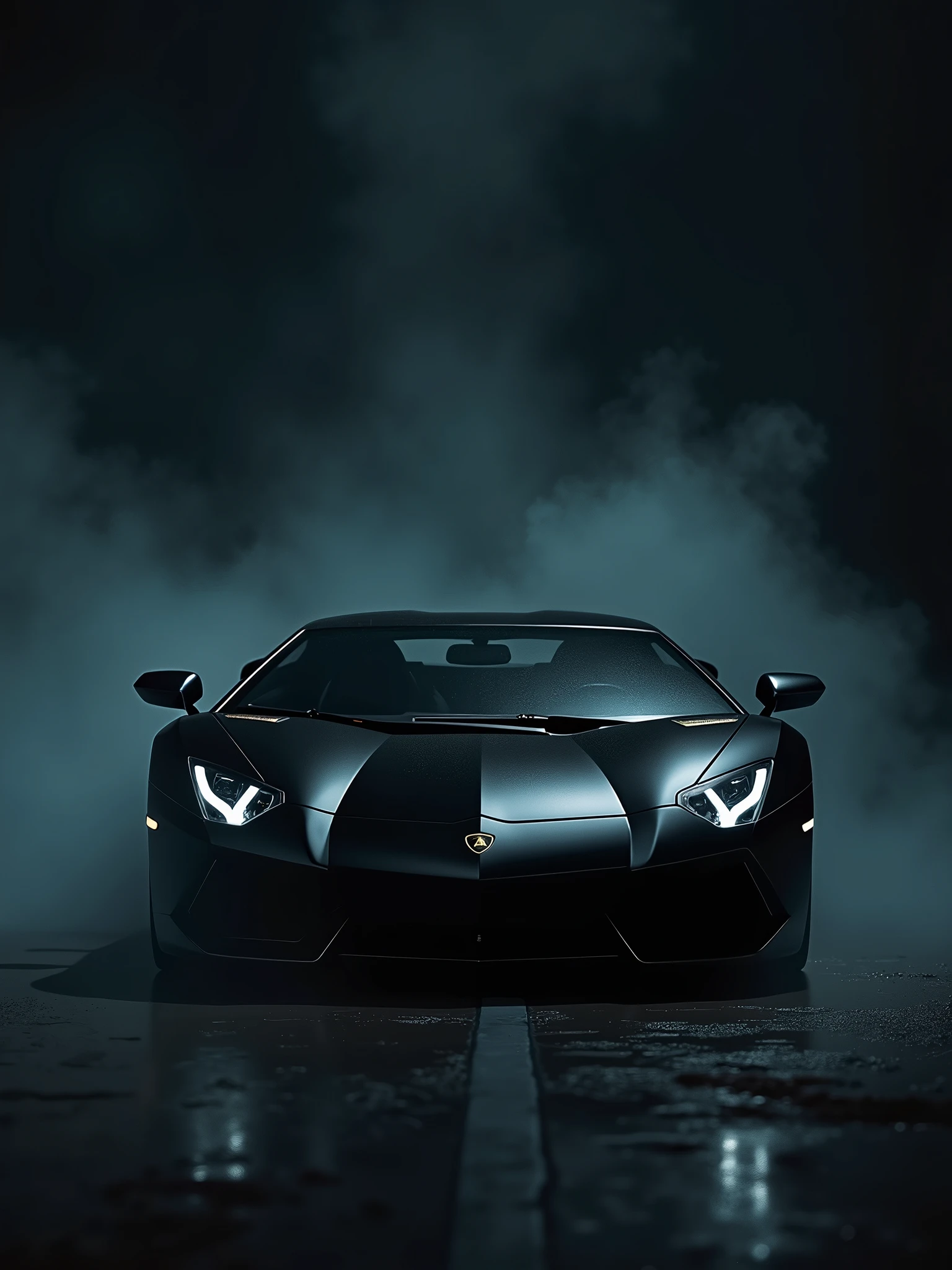 A striking cinematic photograph of a black Lamborghini Aventador, captured in exquisite detail against a dark, black background. The car is positioned aggressively, with smoke and haze billowing from beneath it, creating an eerie and mysterious atmosphere. The Lamborghini's sleek design and powerful stance evoke a sense of intimidation, as if it's a menacing creature from a dark fantasy realm., dark fantasy, photo, cinematic