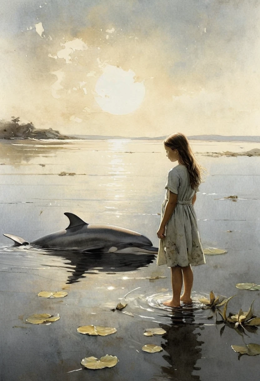 A poetic sketch about the friendship of a girl and a dolphin.  masterpiece. The art by Andrew Wyeth features a muted floral palette and dry brush technique that creates a calm animation feel.  mystical light and shadows.
