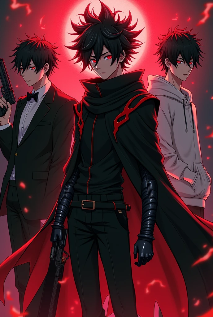 Clear! Here is a description of what the character could look like in anime style: 1. **hair**: I might have dark, messy hair, with pointed tips resembling flames or shadows, giving it a dynamic and powerful look. 2. **CLOTHES**: He would wear a long, dark cloak, maybe with red details, that floats dramatically around him. stylized in the shoulders and arms. 3. **Accessories**: I could wear a pair of gloves with shiny details, and maybe a mask that covers part of your face, adding a mysterious air. 4. **Posture**: I would be in a pose of action power or controlling dark elements. 5. **bottom**: A dark background or red and black tones, that highlights the contrast with the character, giving a feeling of intensity and strength. He is young in a tuxedo-type suit and has a Tommy gun and next to him is his friend in a white sweatshirt mixed with dark and wears normal glasses with dark eyes with a gun in his hand and has disheveled hair. He is a young man