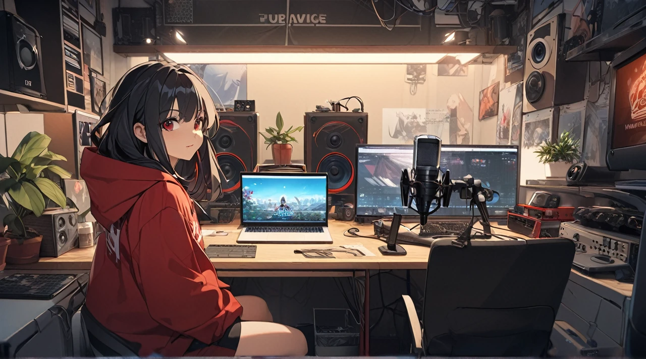 Create a image of "A 18 years anime black hair girl sitting in front of a computer desk with a microphone and laptop, futuritic, wearing black and red hoodie with the Channel Name on it "ELE". The background includes a large logo on the wall with name "VATION", potted plants on either side, and various recording equipment.facing the camera