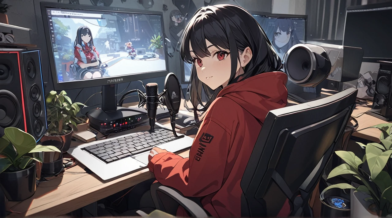 Create a image of "A 18 years anime black hair girl sitting in front of a computer desk with a microphone and laptop, futuritic, wearing black and red hoodie with the Channel Name on it "ELE". The background includes a large logo on the wall with name "VATION", potted plants on either side, and various recording equipment.facing the camera