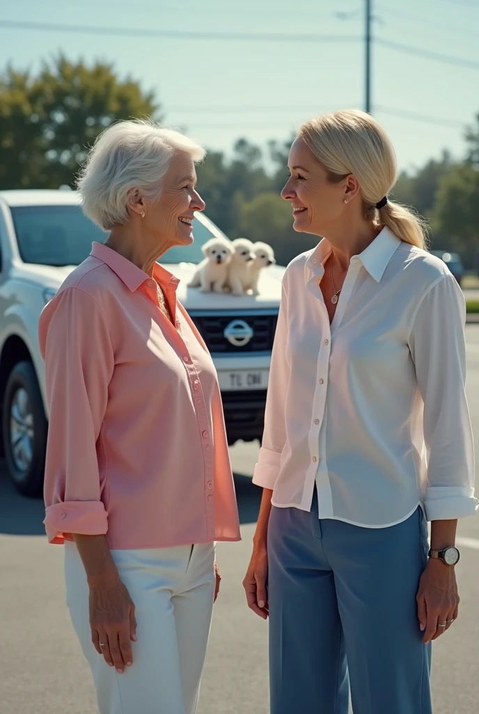 A realistic, blur-free image taken from a light pole on top of a parking lot with 2 white women, one of them an old woman wearing a pink blouse and white pants and the other a 35-year-old woman wearing a white blouse and blue pants., They are talking and behind them there is a white Nissan Pkup type truck with 3 white puppies
