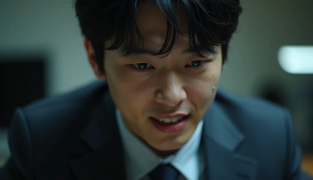 A Japanese male university student wearing a suit is crying with a gloomy expression in front of a desk with a personal computer on it,Excited, Photo of your face, In a beautiful company, with a natural look, With a slightly tired look, tilt your face a little, Diagonal orientation, Average face