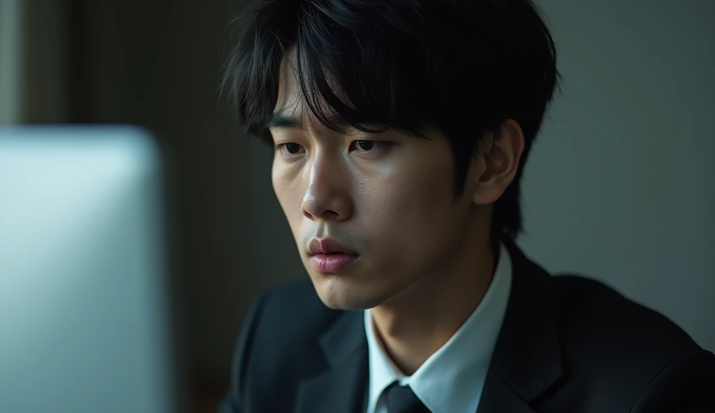 A Japanese male university student wearing a suit is crying with a gloomy expression in front of a desk with a personal computer on it,Excited, Photo of your face, In a beautiful company, with a natural look, With a slightly tired look, tilt your face a little, Diagonal orientation, Average face
