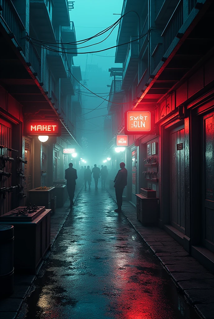 A dark street that tapers towards the back and darkly opens out to a black market. on the right side there is a door that leads to a club and on the left side there are stands where you can buy weapons. Sci Fiction