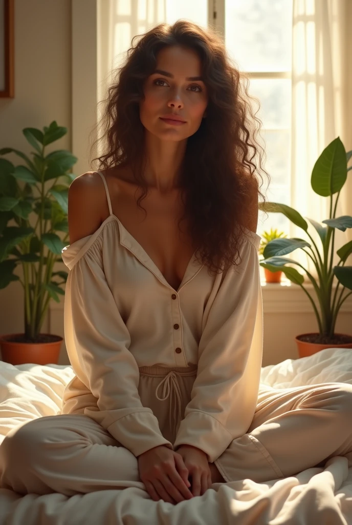 (photorealism:1.2), beautiful woman, sitting on bed, wearing loose off-shoulder top, pajama pants, long curly hair, indoors, soft lighting, plants in background, window with sunlight, cozy room, relaxed pose, realistic, intricate details, warm colors, by Greg Rutkowski, by Alphonse Mucha