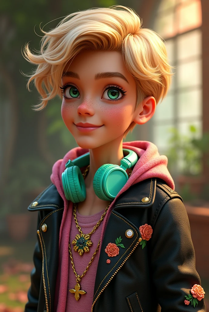 Imagem do filho da Briar Beauty e da Ashlynn Ella de Ever After High: LnF , a boy with golden hair, light brown skin with freckles, greeneyes, aqua green headphone around the neck, black clothes with pink and water green and elements of roses and pumpkins on the clothes