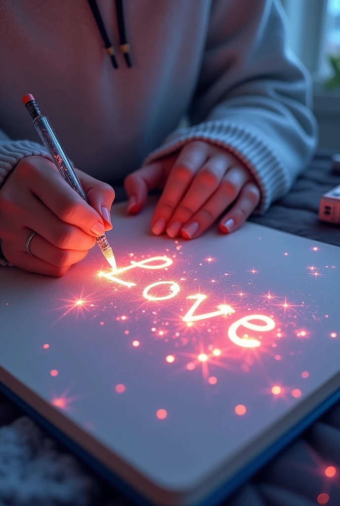 A mesmerizing, hyper-realistic 16K 3D illustration captures a magical moment of pure creativity. A talented artist is masterfully sketching a heartfelt message, "SL -- Jin -- Rm --Suga -- Jhope -- Jimin -- V -- Jungkook. ", in a notebook. The text is composed of vibrant, color sepia stars that smoothly transition through the entire spectrum. The artist's hand, holding a transparent pen filled with radiant stars, is detailed exquisitely, symbolizing boundless creativity and imagination. The back
