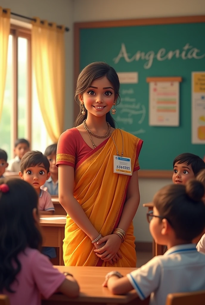 A 40 year old teacher wearing saree in classroom with nursery kids and Her name Anjali Sharma written on her I card and Gayatri Memorial Public School written on her background
