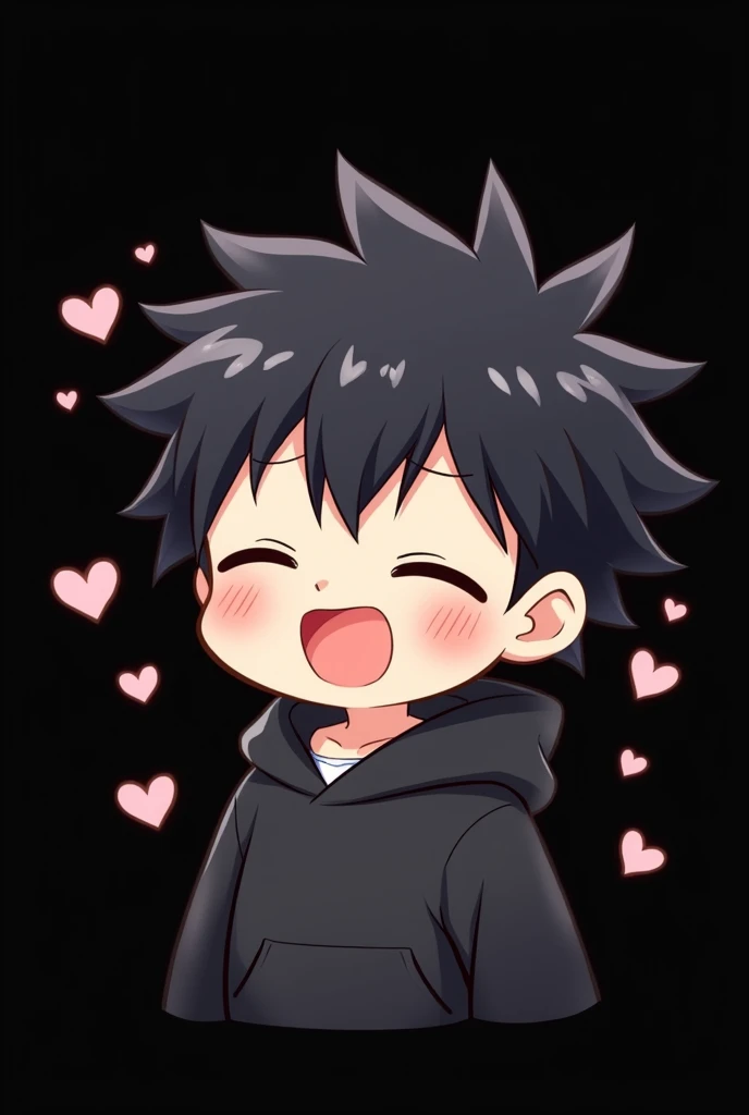Blank black background , Anime boy involved , Spiky hair , black hair , black hoodie , eyes closed , happy , heart bubbles , blush , chibi