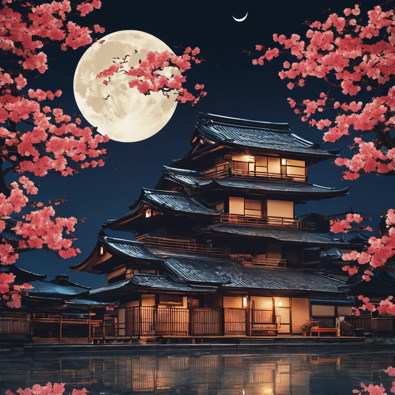 wallpapersv1, Japanese house night moon view patern style wallpapersv1, 8k