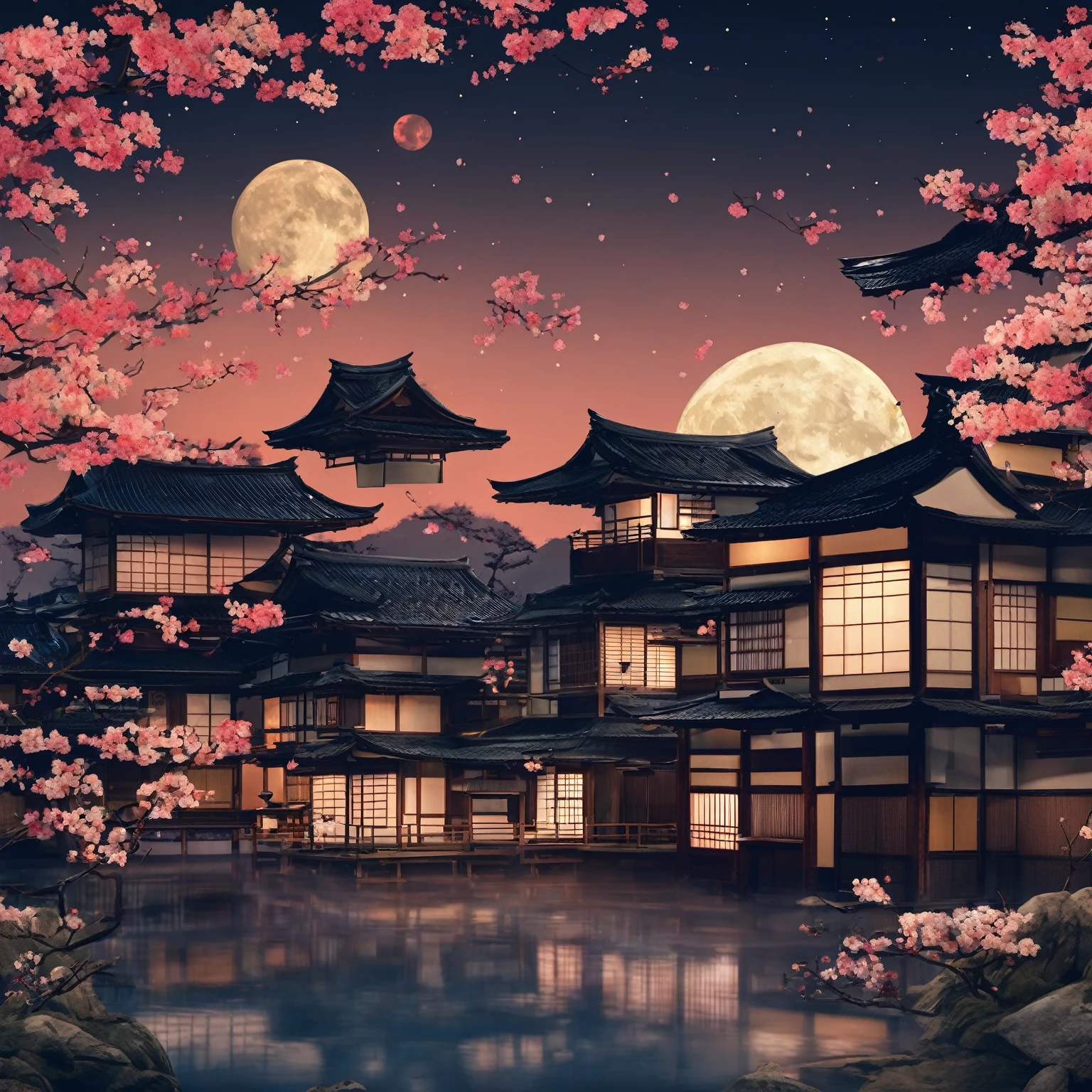 wallpapersv1, Japanese house night moon view patern style wallpapersv1, 8k